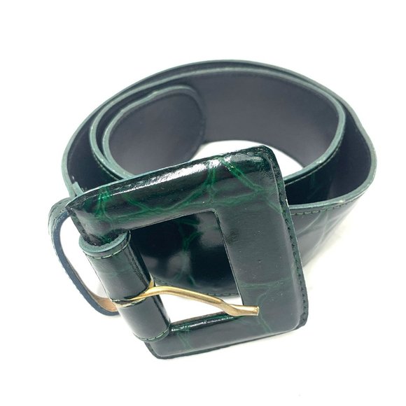 Leather Shop Women's Emerald Green Croc-Embossed Wide Leather Belt - Size Medium - Picture 1 of 5
